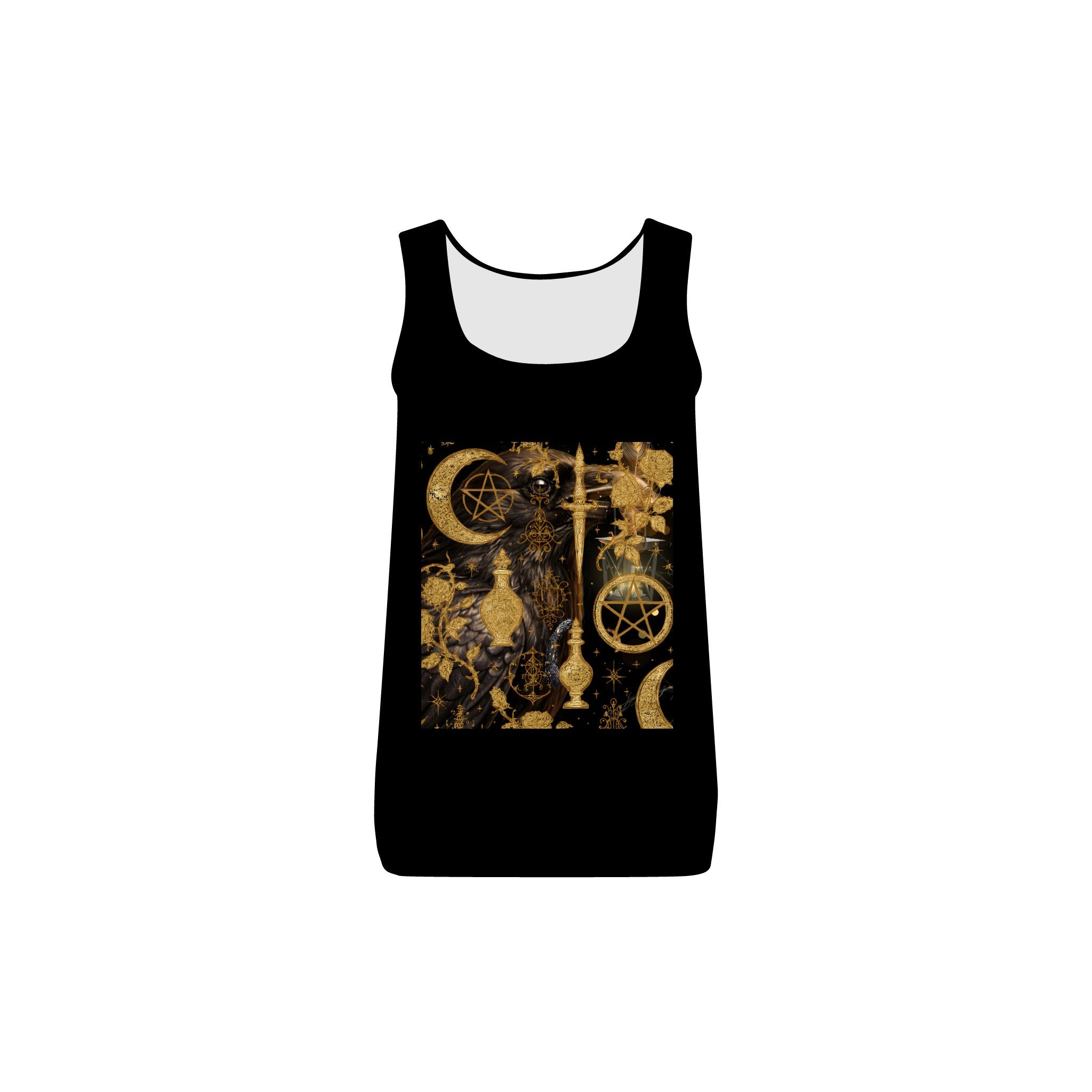 Occult Gold Graphic Tank Top — Witchy Moon & Pentagram Tarot Design