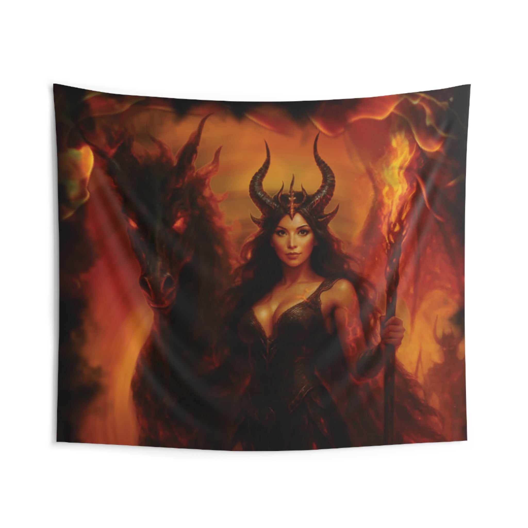 Mother of Flame Wall Tapestry — Fiery Dragon Sorceress | Forged Under Chaos