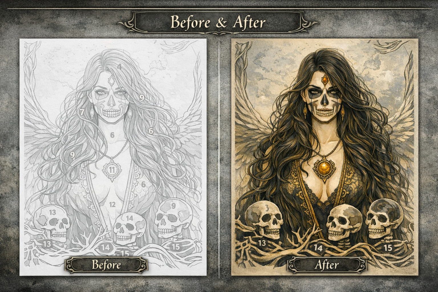 Vahltessa — Winged Calavera Priestess | Paint-By-Number Canvas Kit | Forged Under Chaos™