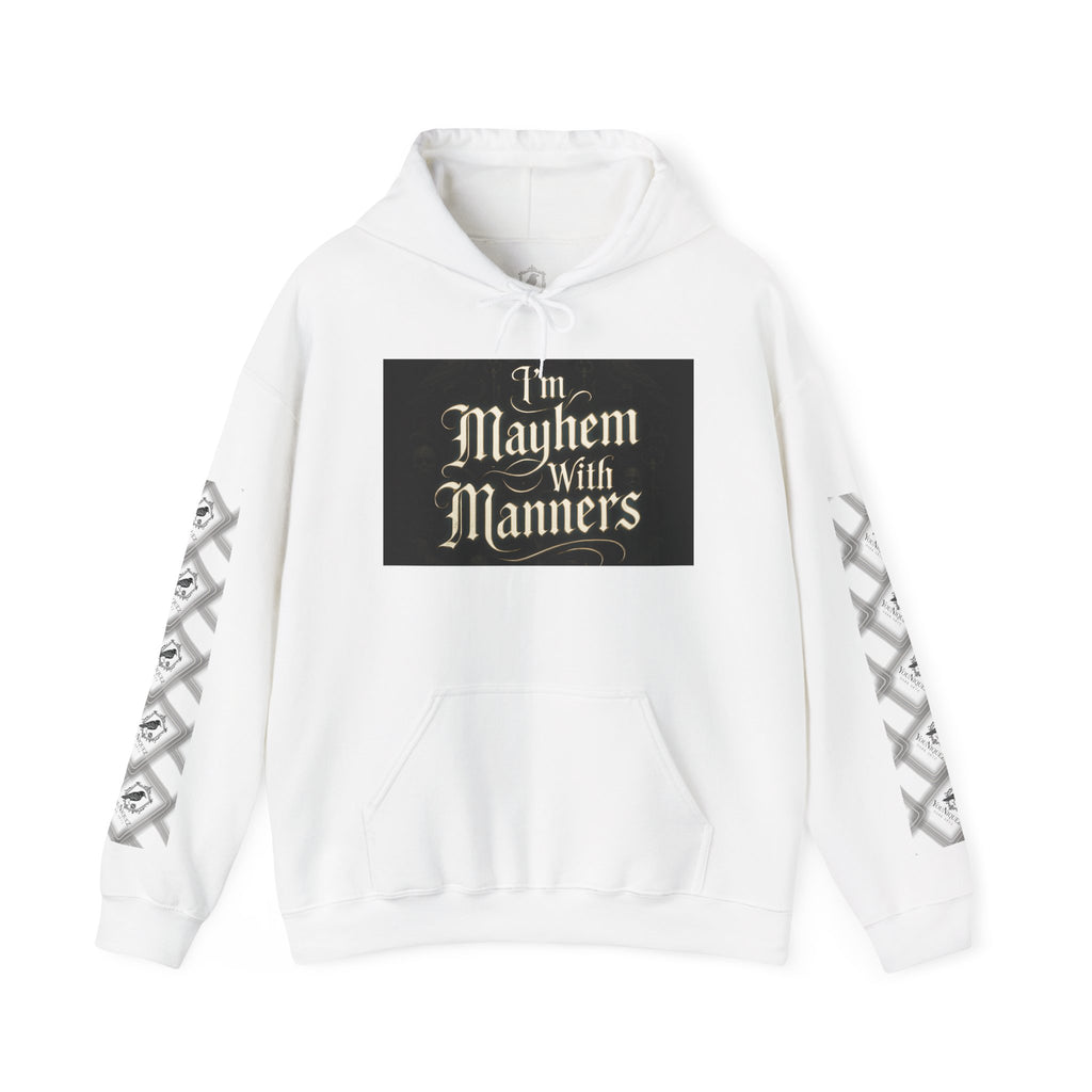White hoodie with black text and lace-up sleeves on a white background